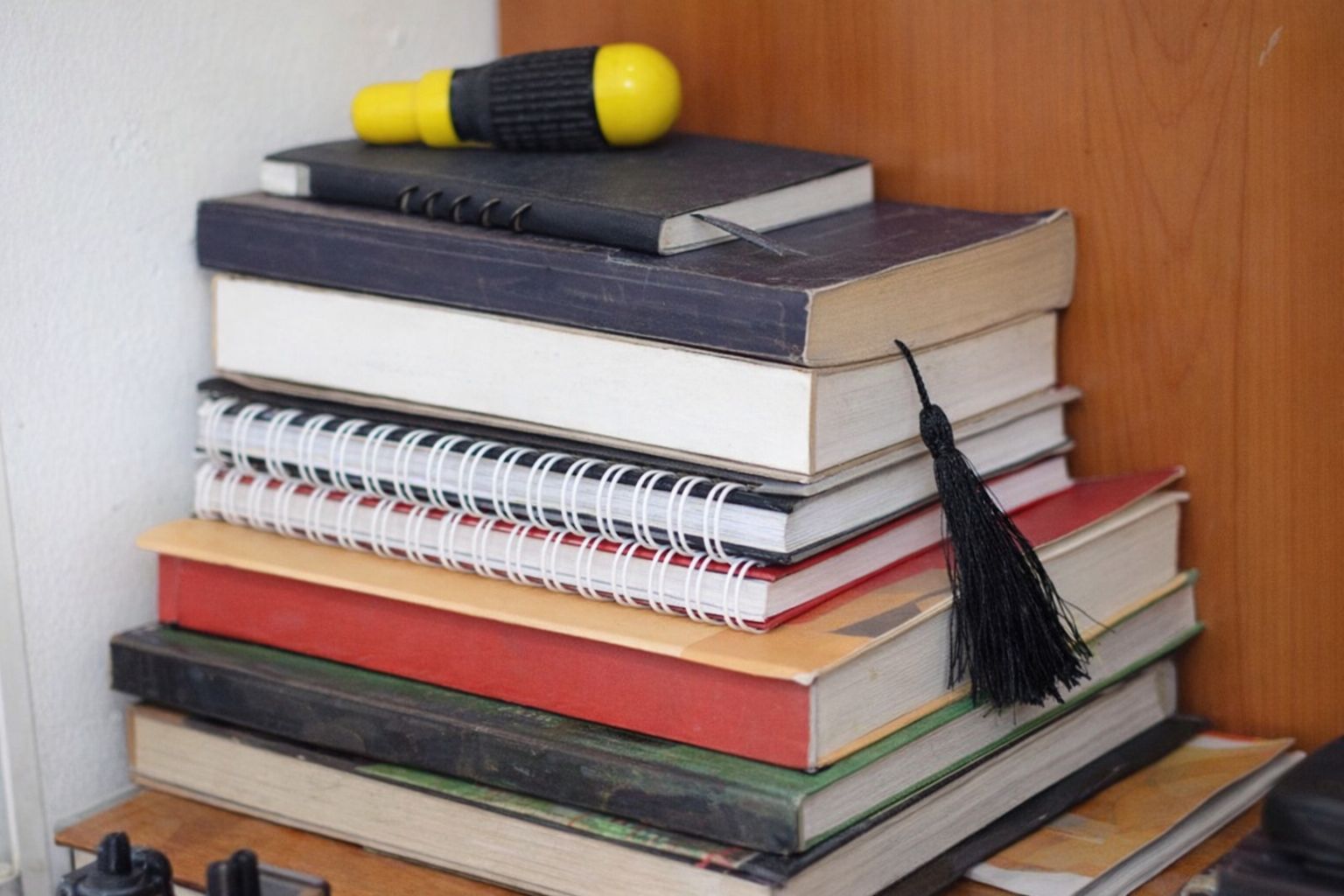 Ein Stapel verschiedener Bücher und Notizhefte auf einem Holztisch.