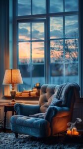 Blauer Lesesessel mit warmer Stehlampe vor einem Fenster am Abend