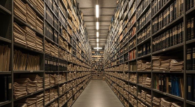 Langer Archivgang mit dicht gefüllten Regalen voller Akten und Bücher